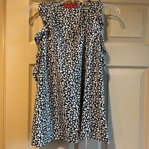 Elle Black and White Floral‎ Sleeveless Print Top with Ruffle Detail, Size XL